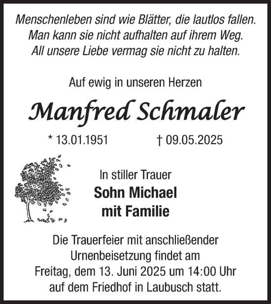 Traueranzeige von Manfred Schmaler von WochenKurier