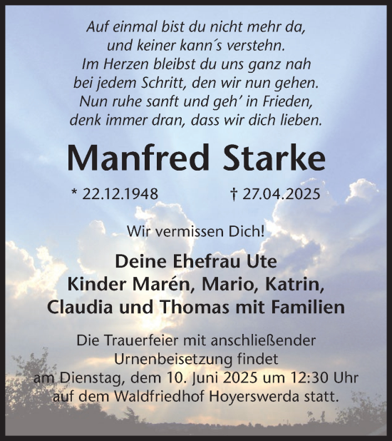 Traueranzeige von Manfred Starke von WochenKurier