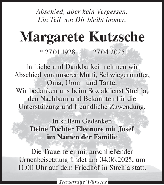 Traueranzeige von Margarete Kutzsche von WochenKurier