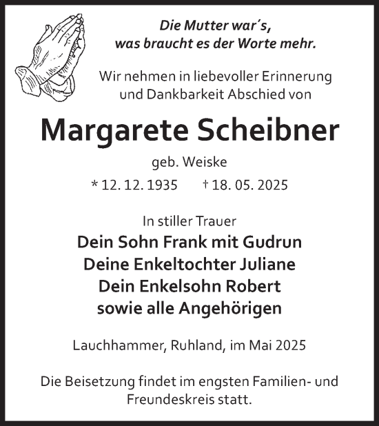 Traueranzeige von Margarete Scheibner von WochenKurier