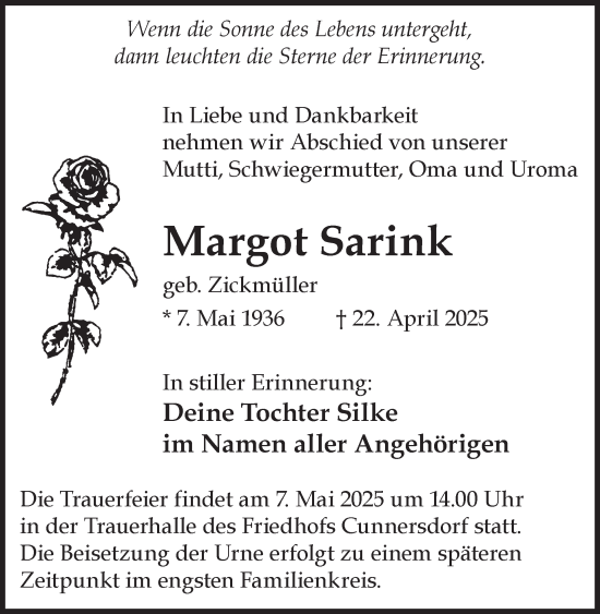 Traueranzeige von Margot Sarink von WochenKurier