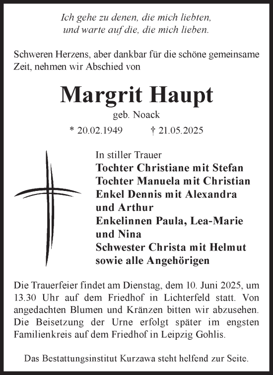 Traueranzeige von Margrit Haupt von WochenKurier
