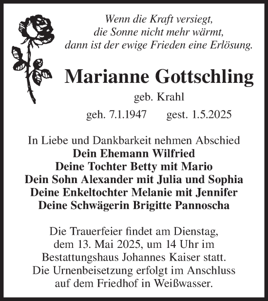 Traueranzeige von Marianne Gottschling von WochenKurier