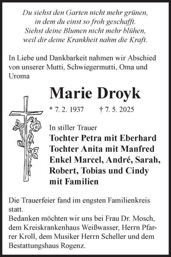 Traueranzeige von Marie Droyk von WochenKurier