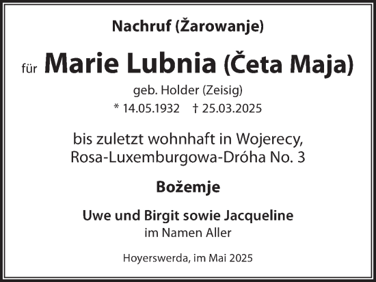 Traueranzeige von Marie Lubnia von WochenKurier
