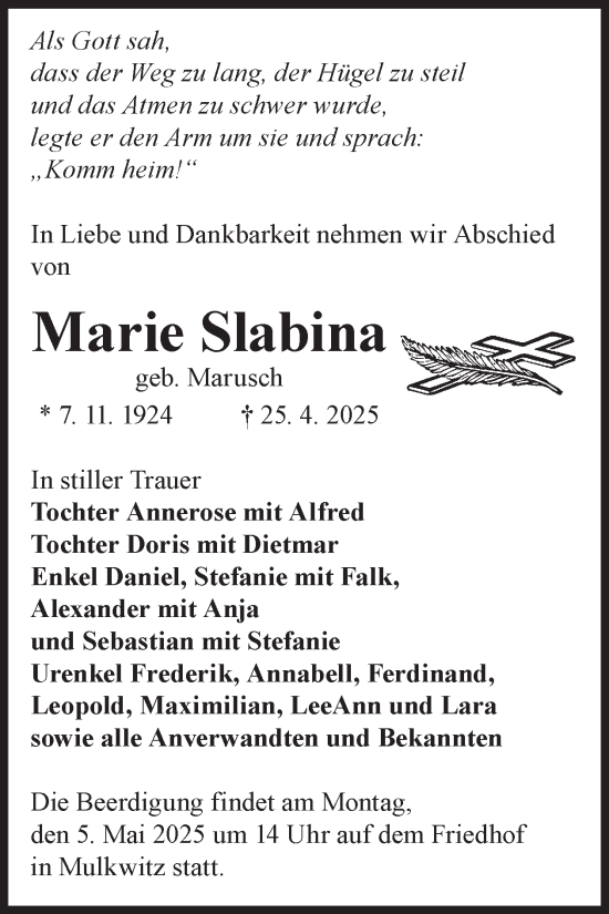 Traueranzeige von Marie Slabina von WochenKurier