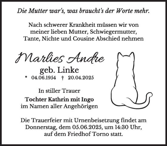 Traueranzeige von Marlies Andre von WochenKurier