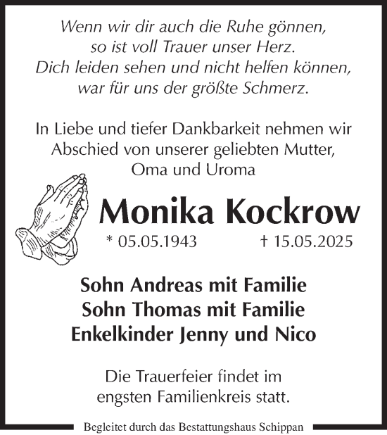Traueranzeige von Monika Kockrow von WochenKurier