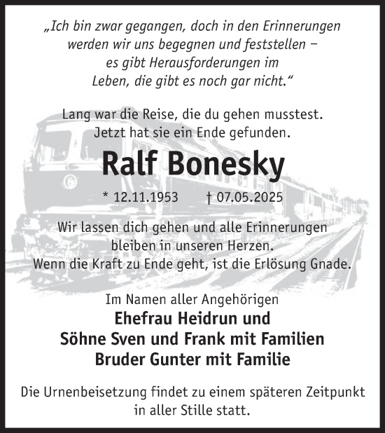 Traueranzeige von Ralf Bonesky von WochenKurier
