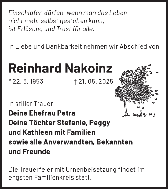 Traueranzeige von Reinhard Nakoinz von WochenKurier