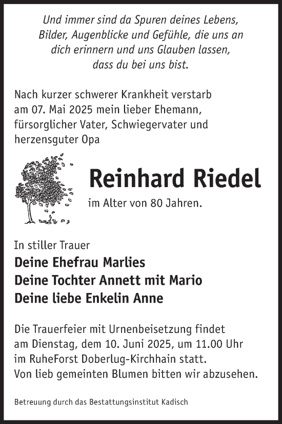 Traueranzeige von Reinhard Riedel von WochenKurier