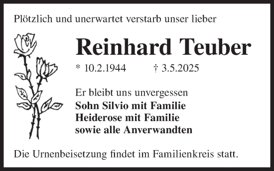 Traueranzeige von Reinhard Teuber von WochenKurier