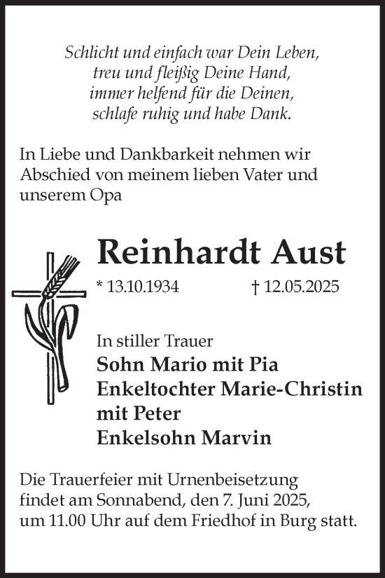 Traueranzeige von Reinhardt Aust von WochenKurier