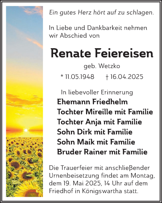 Traueranzeige von Renate Feiereisen von WochenKurier