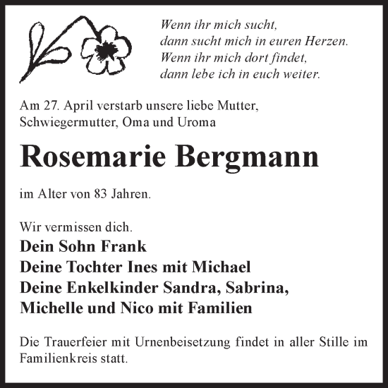 Traueranzeige von Rosemarie Bergmann von WochenKurier