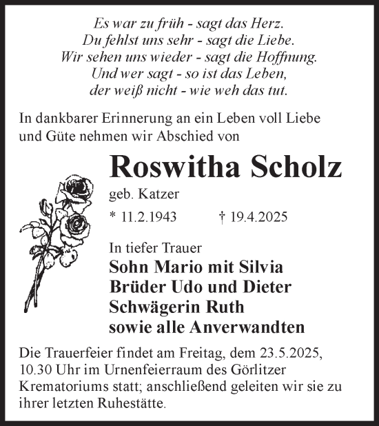 Traueranzeige von Roswitha Scholz von WochenKurier