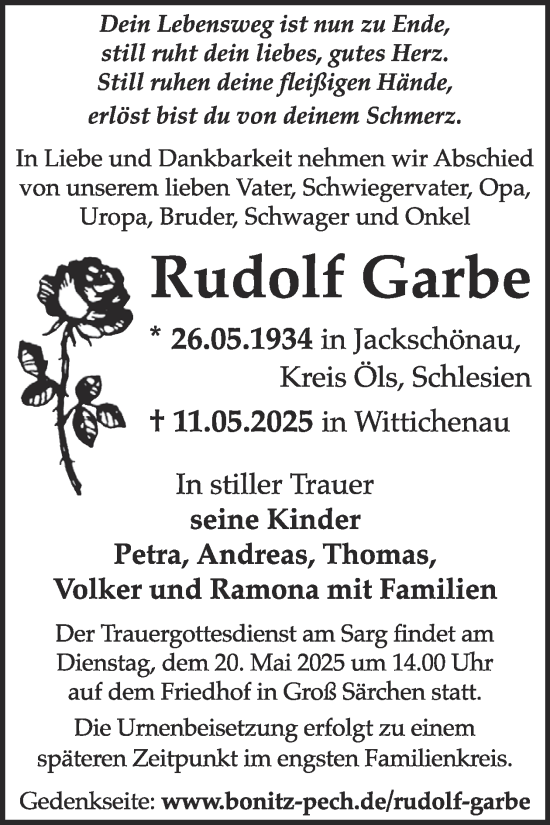 Traueranzeige von Rudolf Garbe von WochenKurier