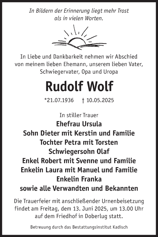 Traueranzeige von Rudolf Wolf von WochenKurier