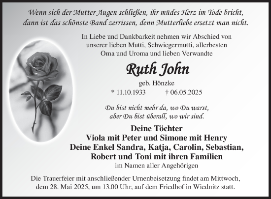 Traueranzeige von Ruth John von WochenKurier