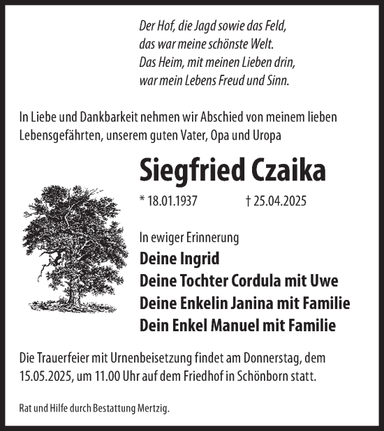 Traueranzeige von Siegfried Czaika von WochenKurier
