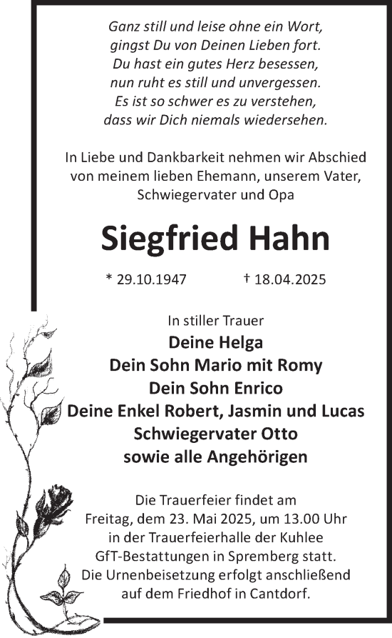 Traueranzeige von Siegfried Hahn von WochenKurier