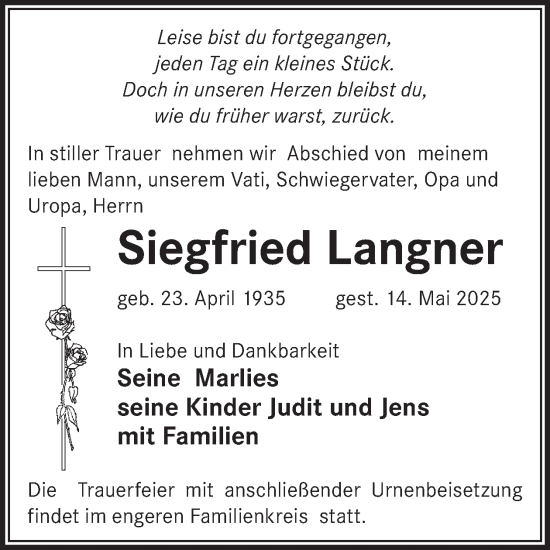 Traueranzeige von Siegfried Langner von WochenKurier