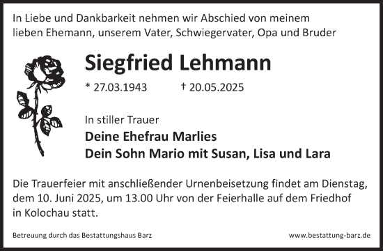 Traueranzeige von Siegfried Lehmann von WochenKurier