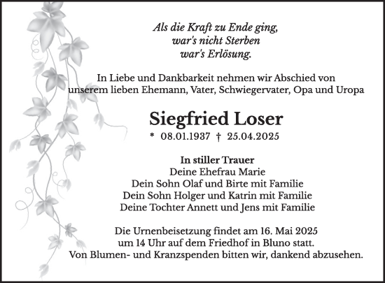 Traueranzeige von Siegfried Loser von WochenKurier