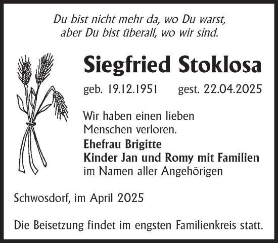 Traueranzeige von Siegfried Stoklosa von WochenKurier
