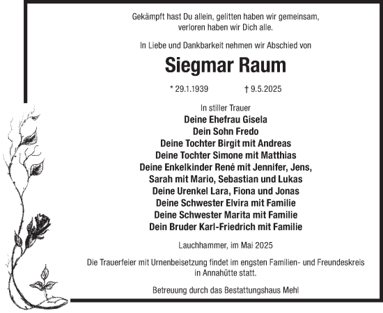Traueranzeige von Siegmar Raum von WochenKurier