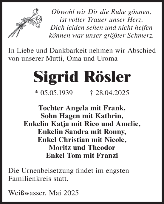 Traueranzeige von Sigrid Rösler von WochenKurier