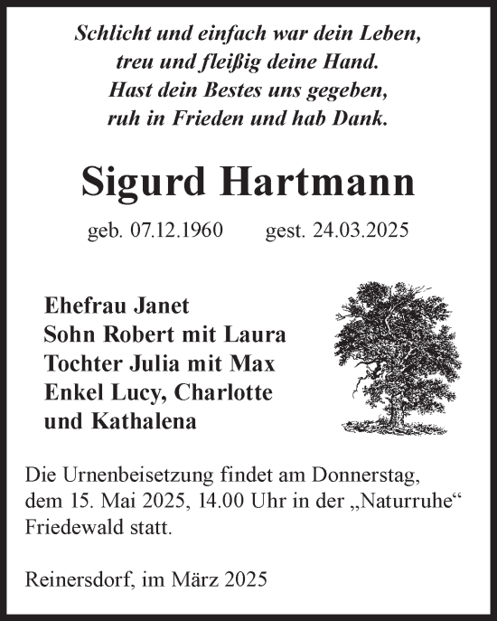 Traueranzeige von Sigurd Hartmann von WochenKurier