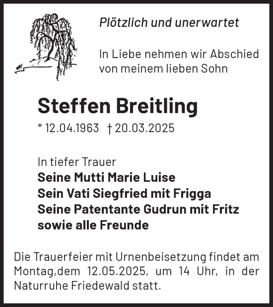 Traueranzeige von Steffen Breitling von WochenKurier