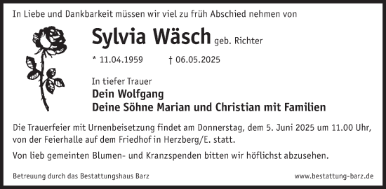 Traueranzeige von Sylvia Wäsch von WochenKurier