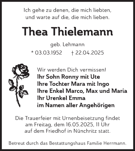 Traueranzeige von Thea Thielemann von WochenKurier