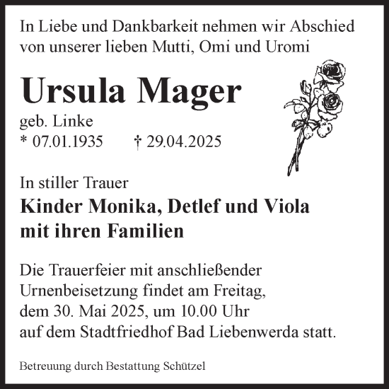 Traueranzeige von Ursula Mager von WochenKurier