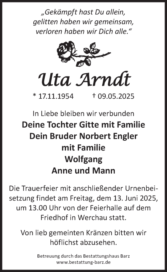 Traueranzeige von Uta Arndt von WochenKurier