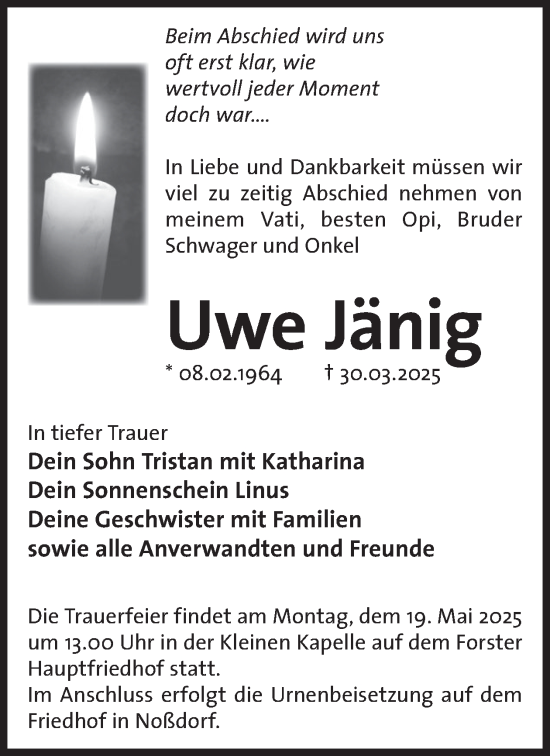 Traueranzeige von Uwe Jänig von WochenKurier