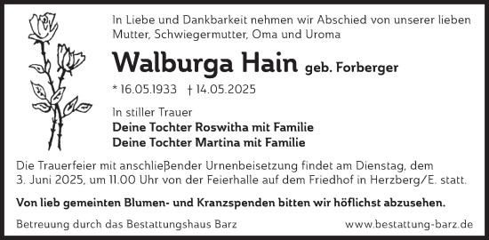 Traueranzeige von Walburga Hain von WochenKurier