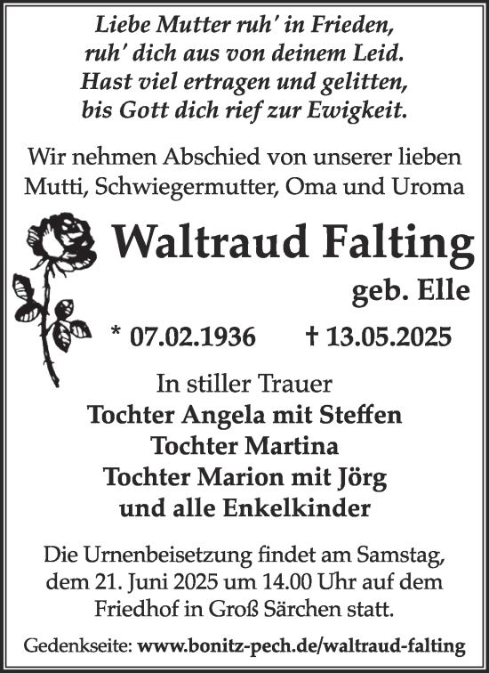 Traueranzeige von Waltraud Falting von WochenKurier