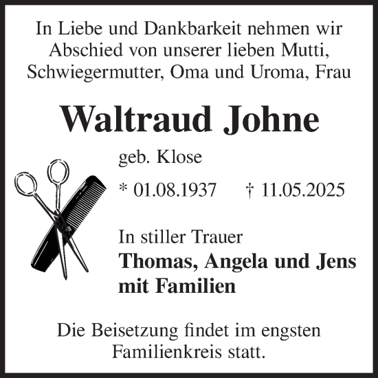 Traueranzeige von Waltraud Johne von WochenKurier