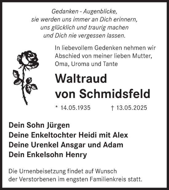 Traueranzeige von Waltraud von Schmidsfeld von WochenKurier