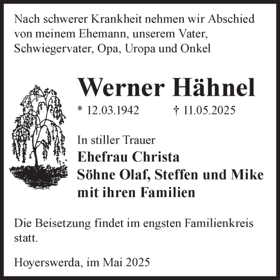 Traueranzeige von Werner Hähnel von WochenKurier