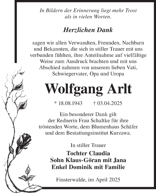 Traueranzeige von Wolfgang Arlt von WochenKurier