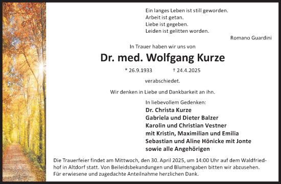 Traueranzeige von Wolfgang Kurze von WochenKurier