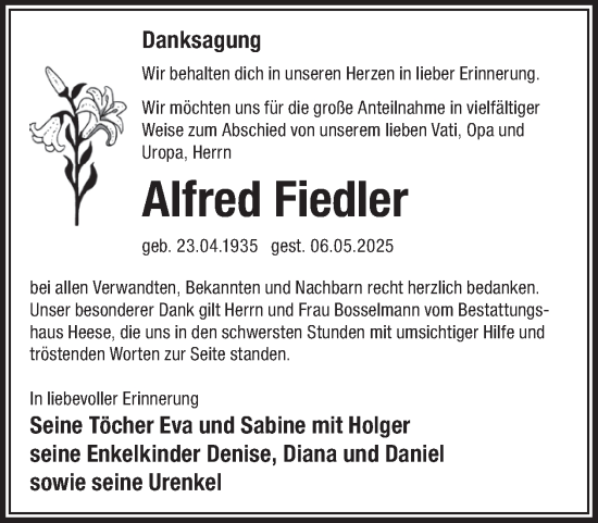 Traueranzeige von Alfred Fiedler von WochenKurier