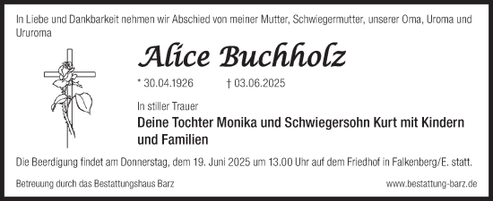 Traueranzeige von Alice Buchholz von WochenKurier