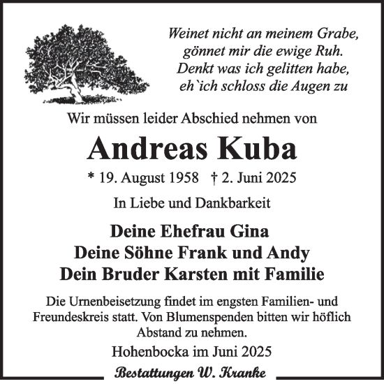Traueranzeige von Andreas Kuba von WochenKurier