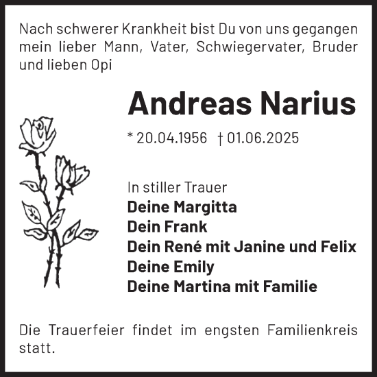 Traueranzeige von Andreas Narius von WochenKurier