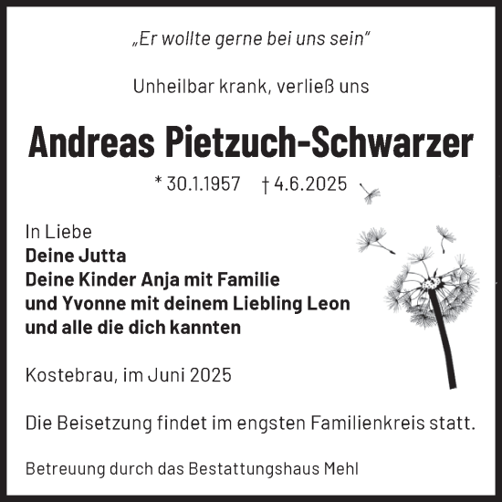 Traueranzeige von Andreas Pietzuch-Schwarzer von WochenKurier